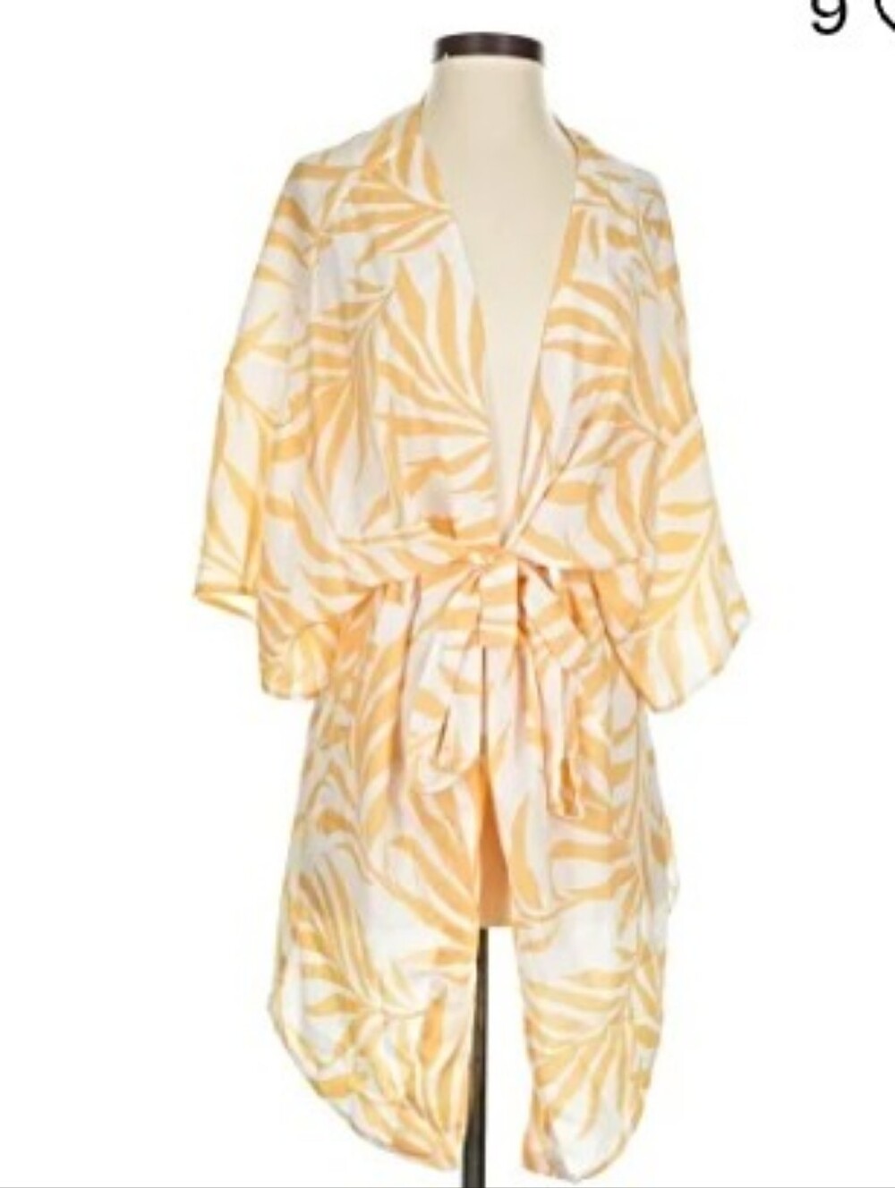 Maison Du Soir Kimono Style, Robe/ Cover Up Palm Leaf Print Silk Blend Sz M/L